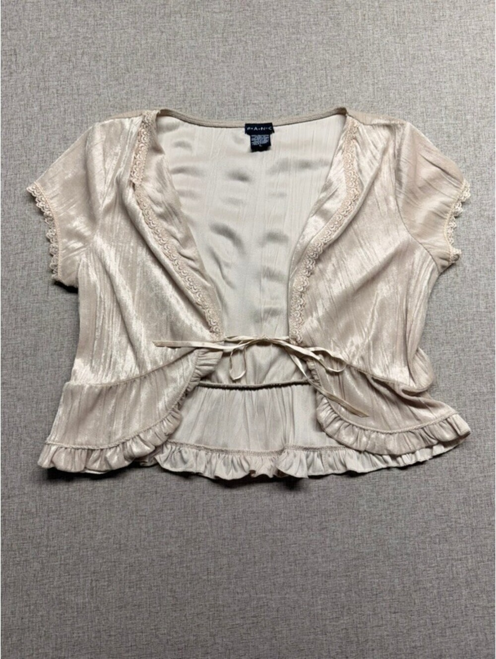 Y2K FANG Ivory Satin Tie Front Ruffle Bolero Shrug Top Lace Trim Women's Large